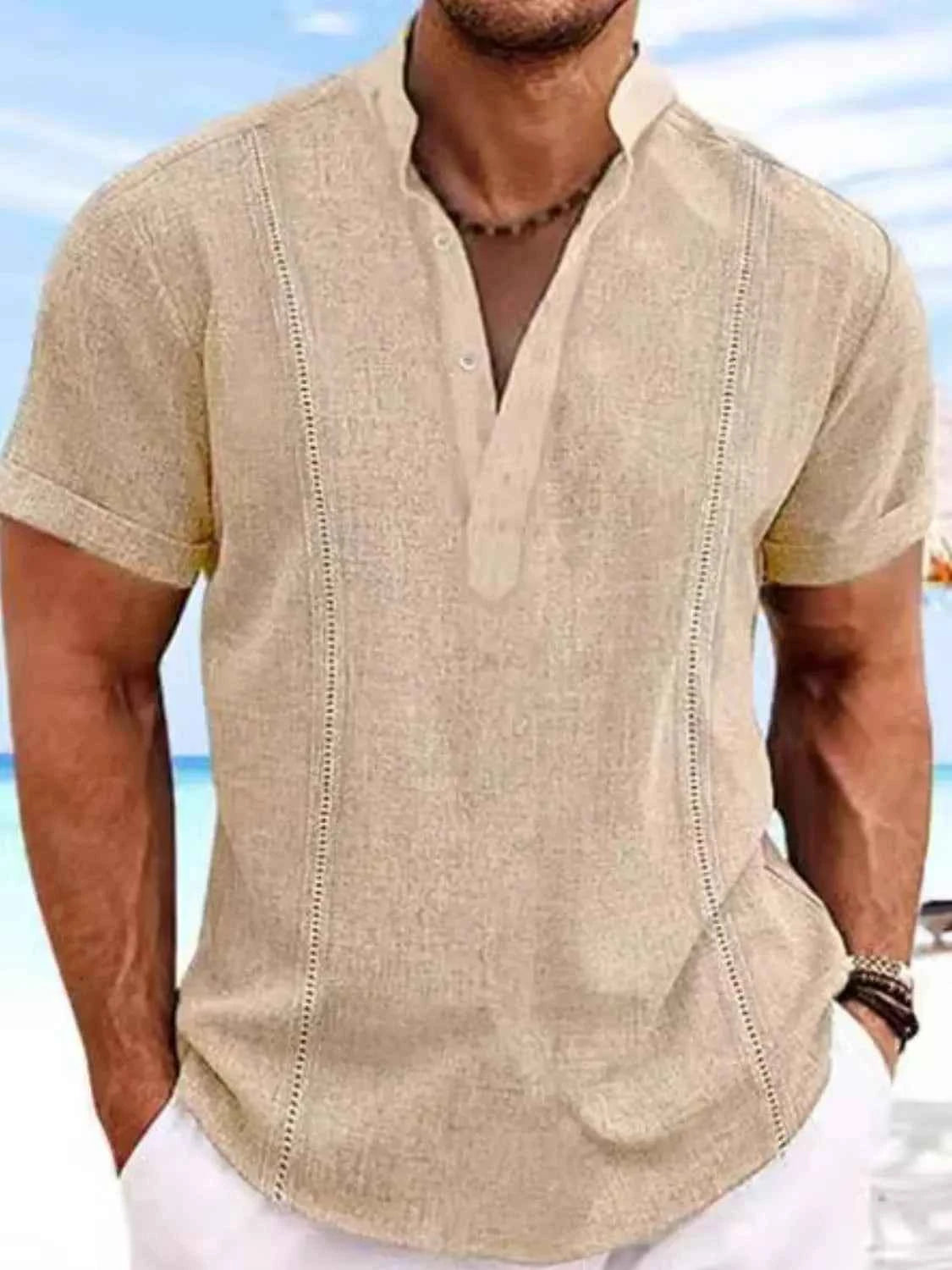 Men's Full Size Button Detail Short Sleeve Shirt Plus Size Khaki