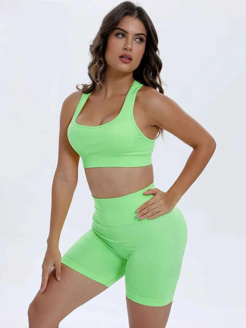 Signature Scoop Neck Wide Strap Top and Shorts Active Set Neon Green S