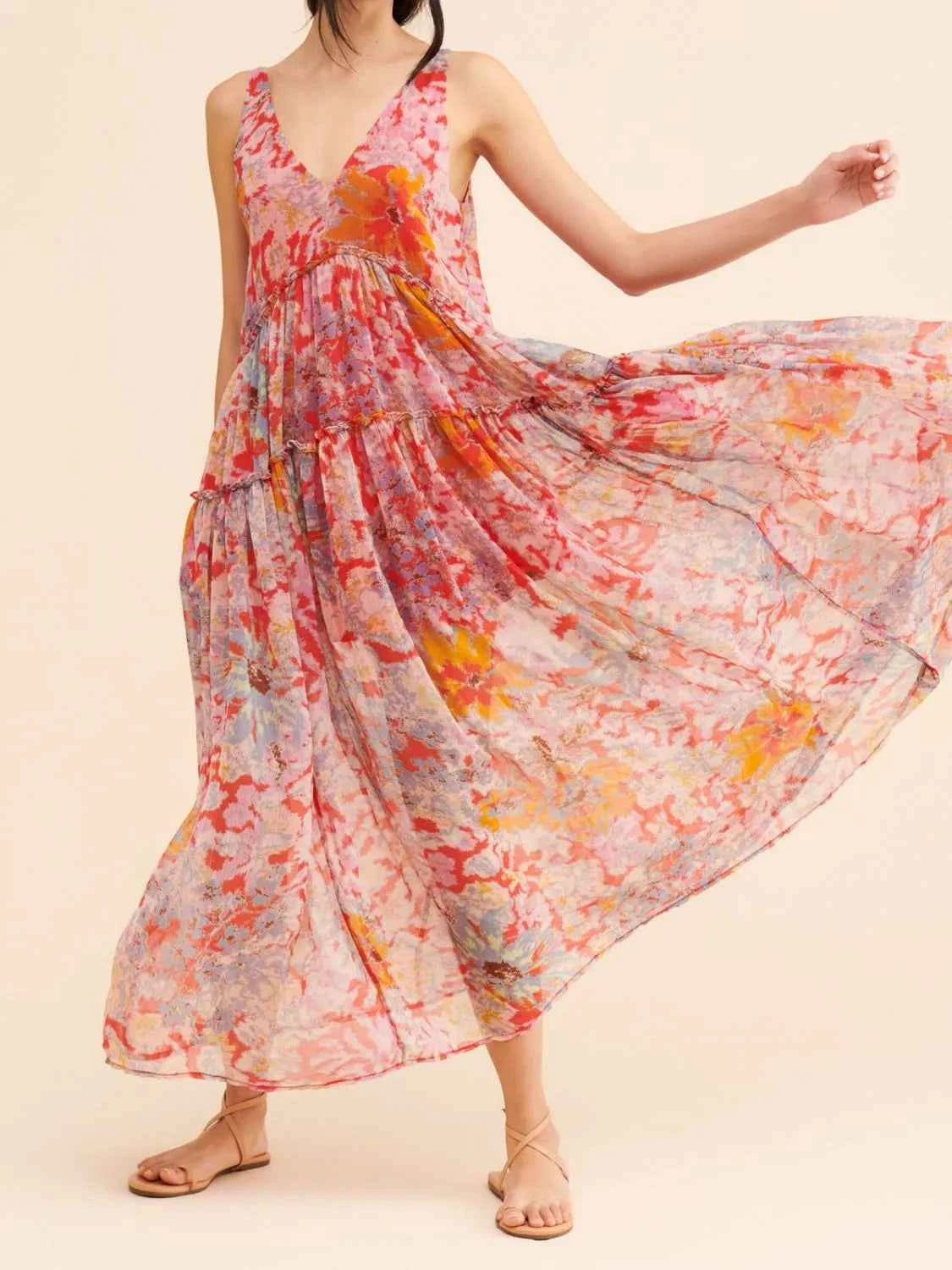 Printed V-Neck Sleeveless Dress