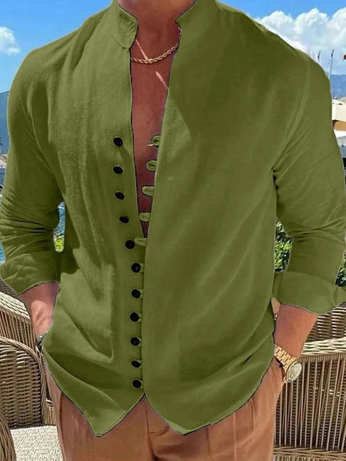 Men's Full Size Button Up Long Sleeve Shirt Plus Size Moss