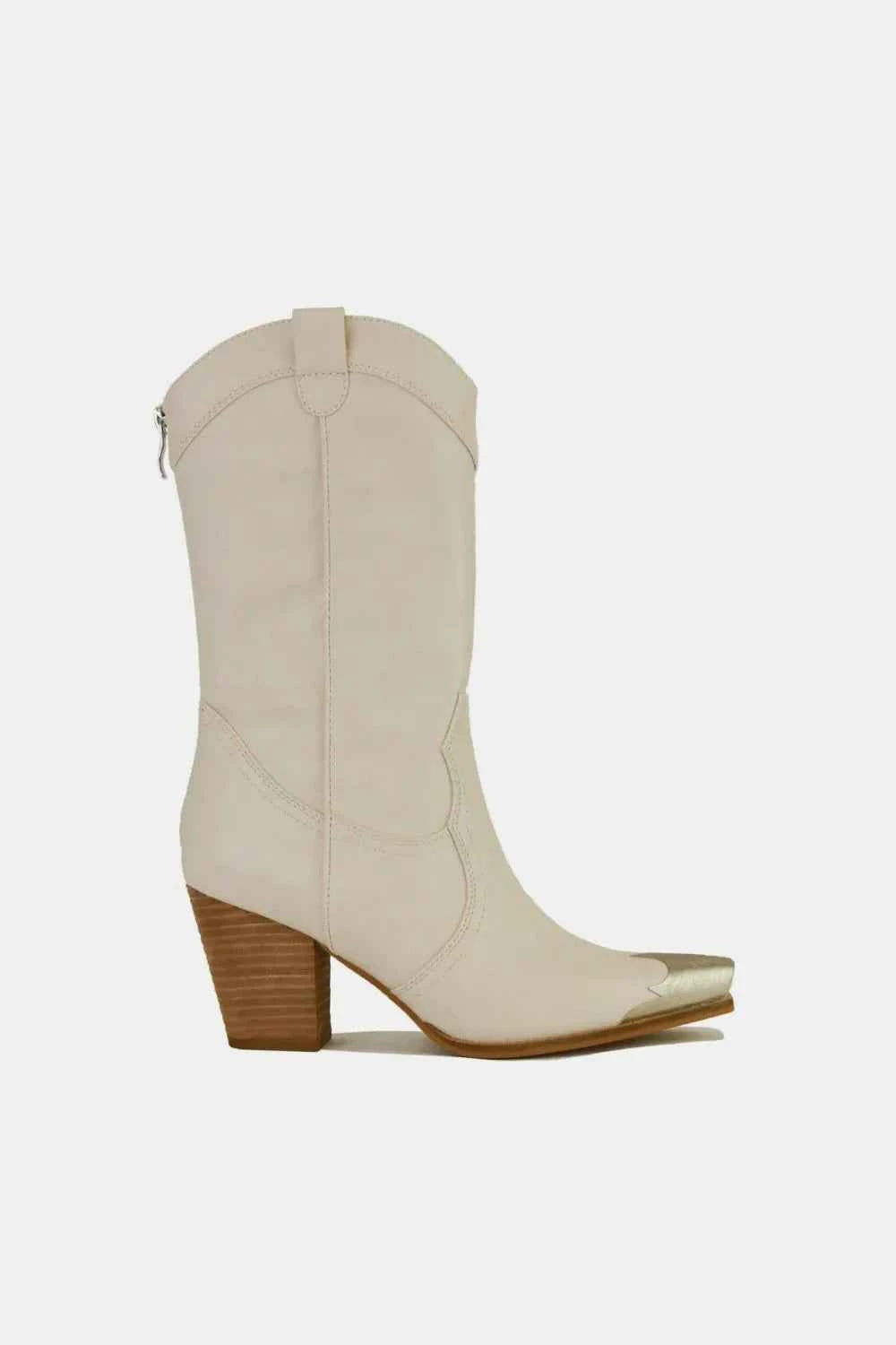 Premium Elite Beast Fashion Metal-Toe Block Heel Ankle Boots Ivory 6
