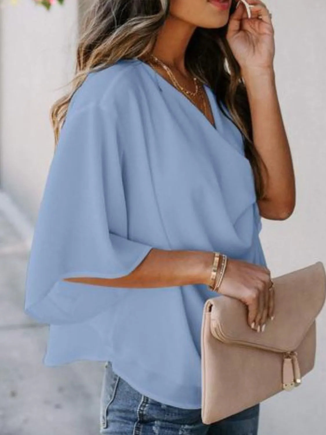 Full Size Ruched Three-Quarter Sleeve Blouse Plus Size