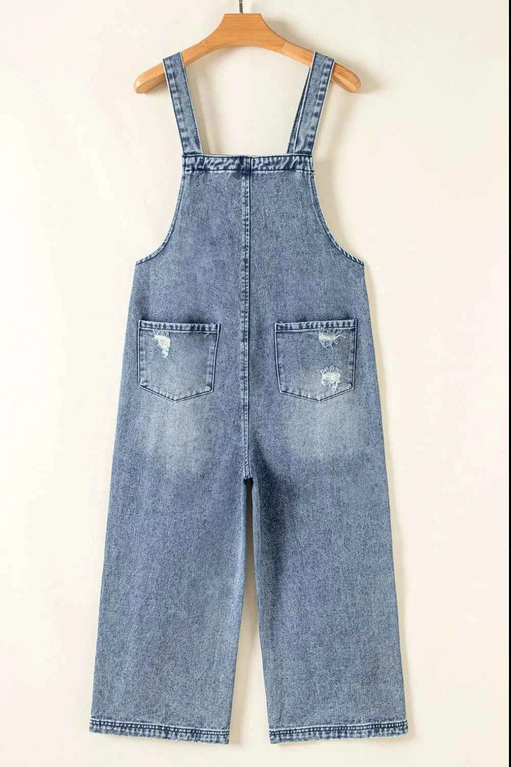 Distressed Bib Pocket Wide Leg Denim Overalls