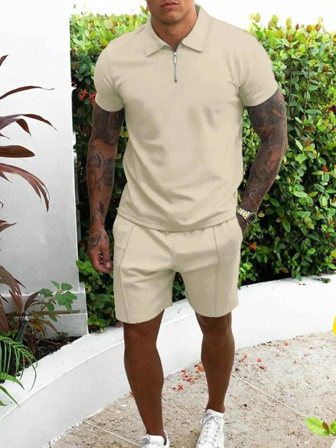 Men's Full Size Collared Neck Short Sleeve Top and Shorts Set Plus Size Tan