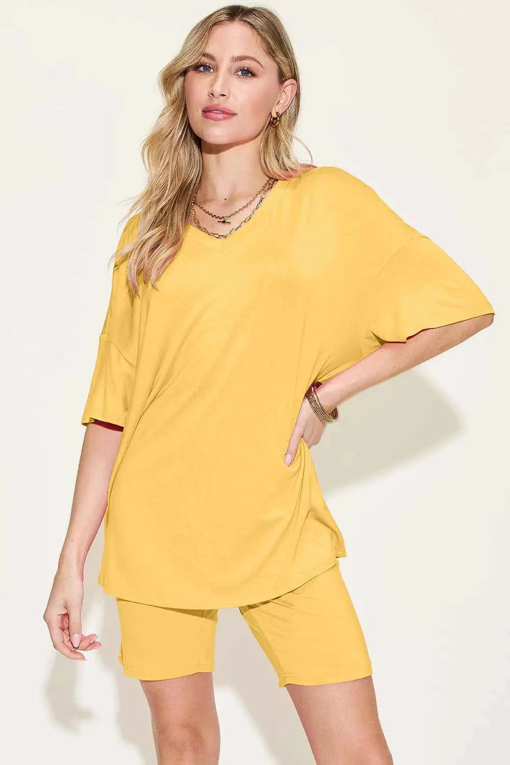 Signature Basic Bae Bamboo Full Size V-Neck Drop Shoulder T-Shirt and Shorts Set Yellow S