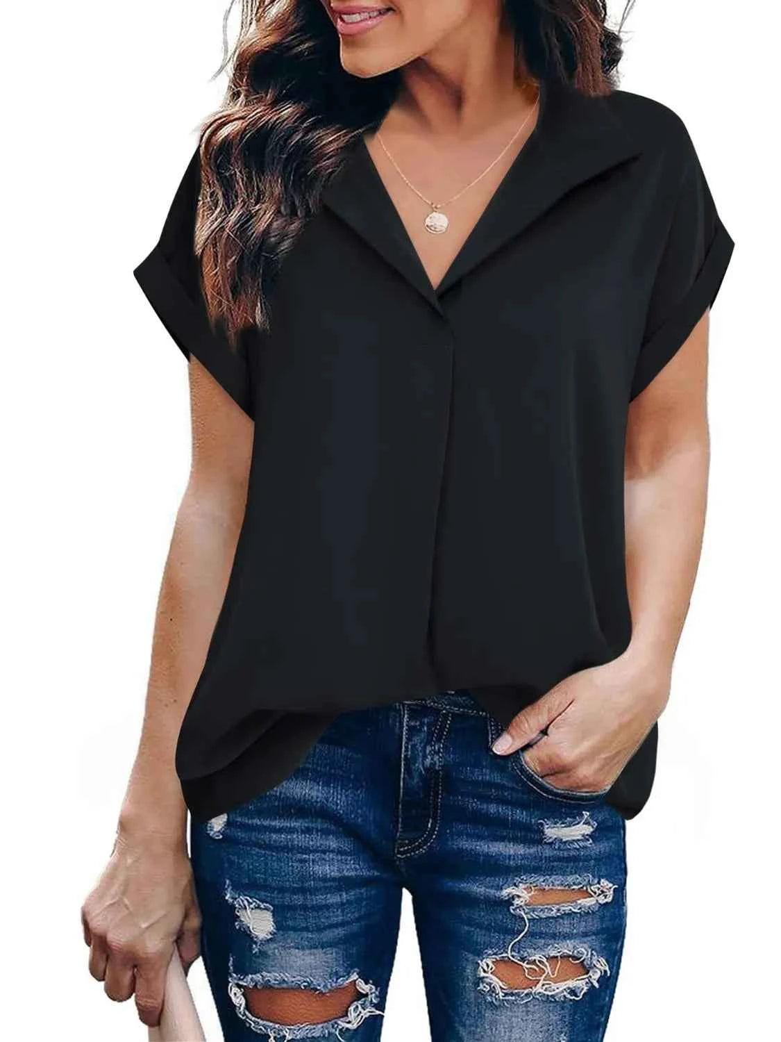 Collared Neck Short Sleeve Blouse