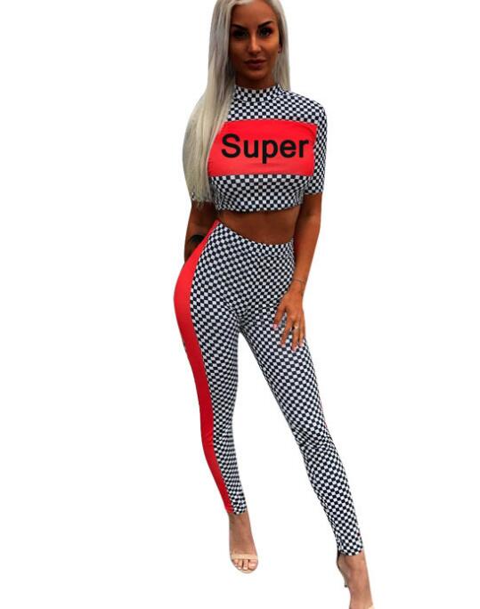 Mock Neck Crop Top and Contrast Tape Pants Set Athleisure 2 Piece Women Sets