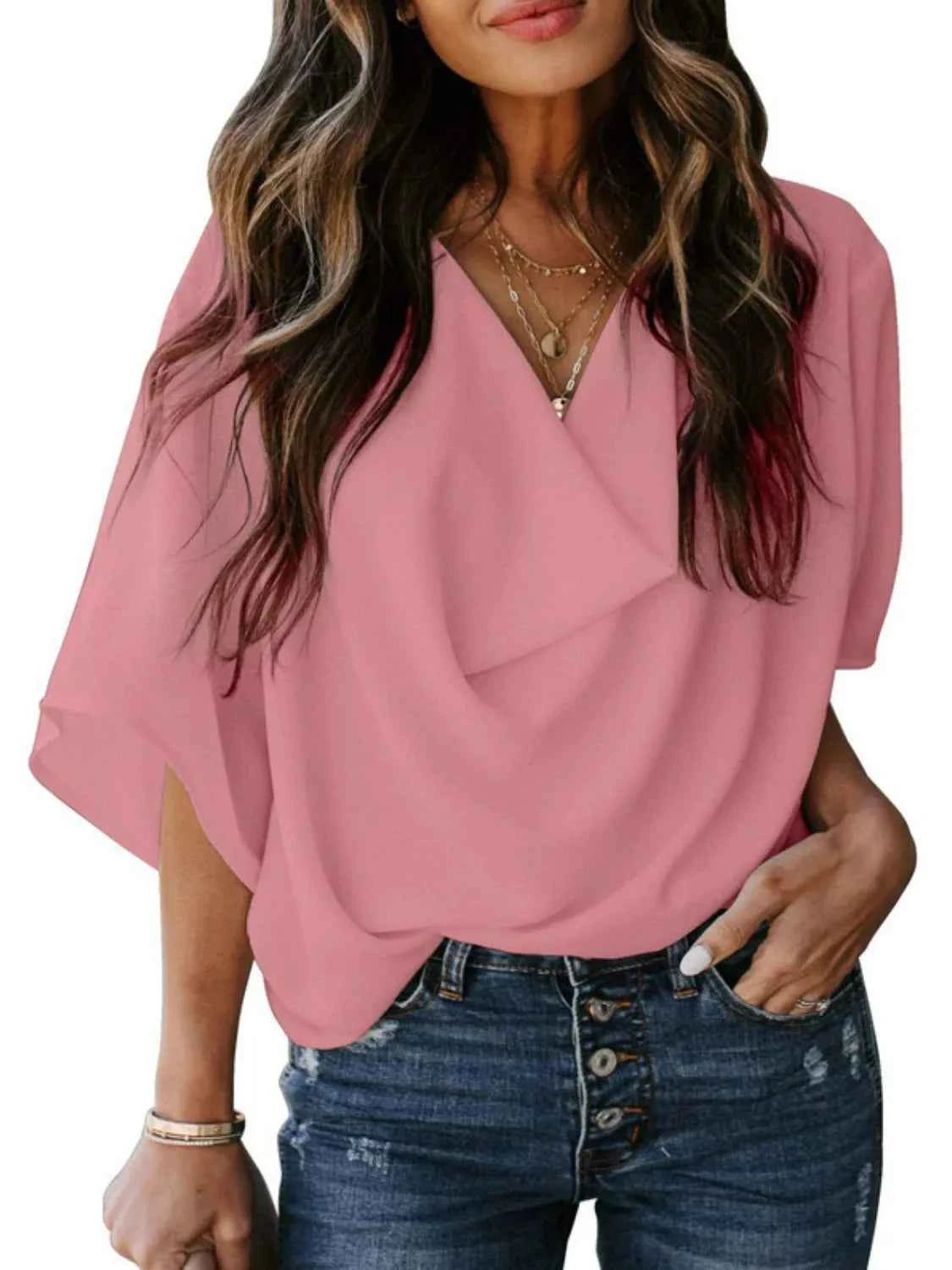 Full Size Ruched Three-Quarter Sleeve Blouse Plus Size Pink