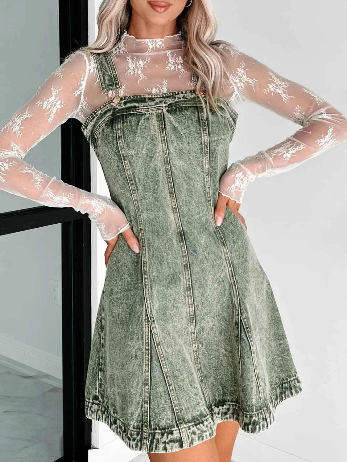 Square Neck Wide Strap Denim Dress