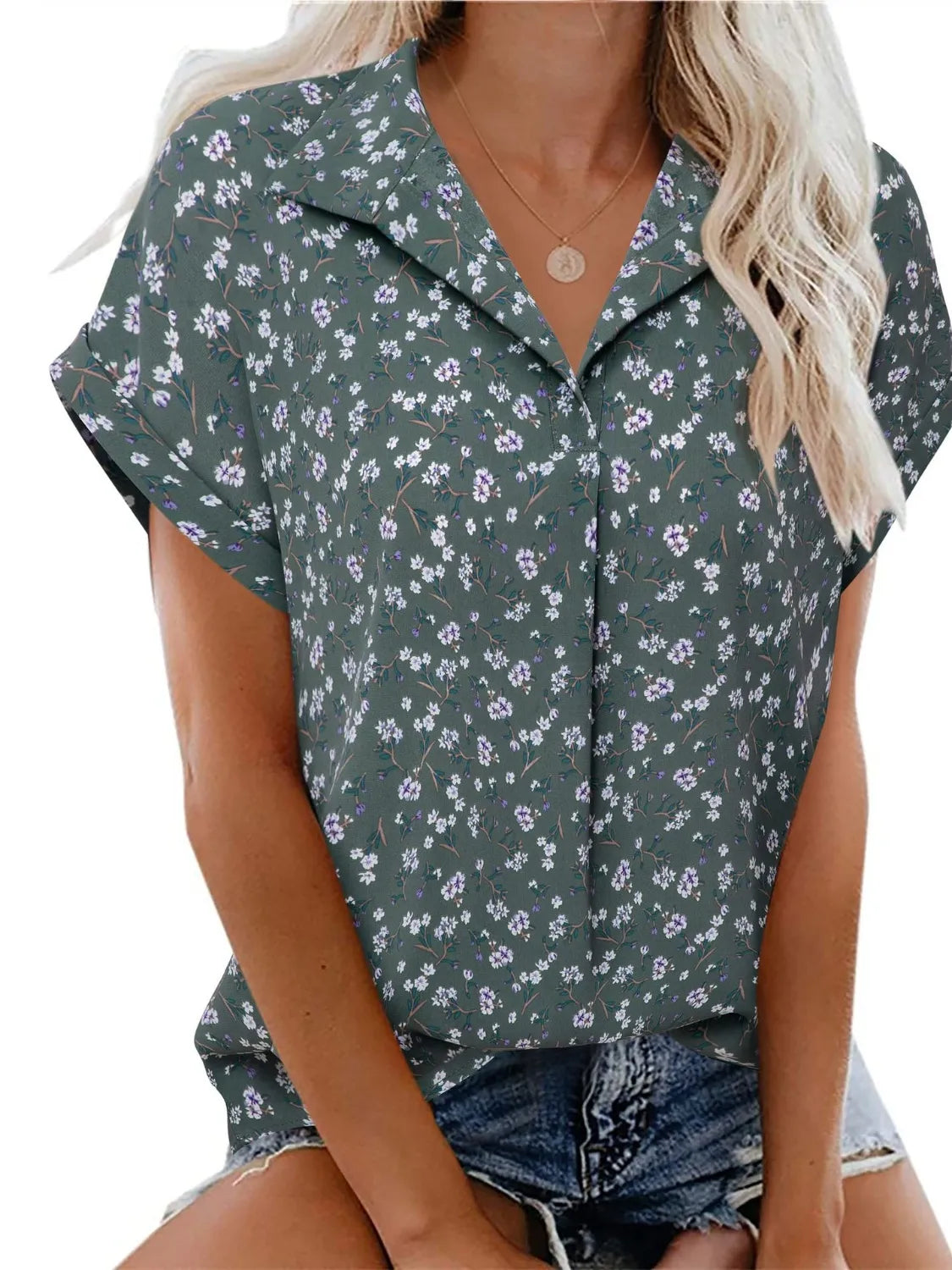 Collared Neck Short Sleeve Blouse