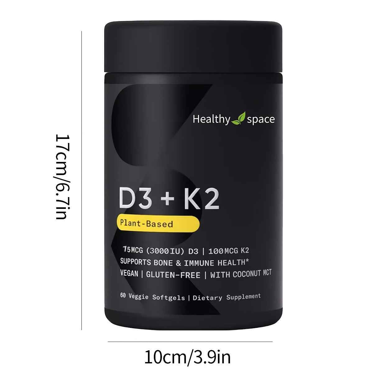 2 Bottles -Plant-Based D3+K2 Vitamin Softgels - Strengthens Bones, Supports Immune Health, Coconut MCT Oil, Vegan Gluten-Free Formula - 60 Capsules