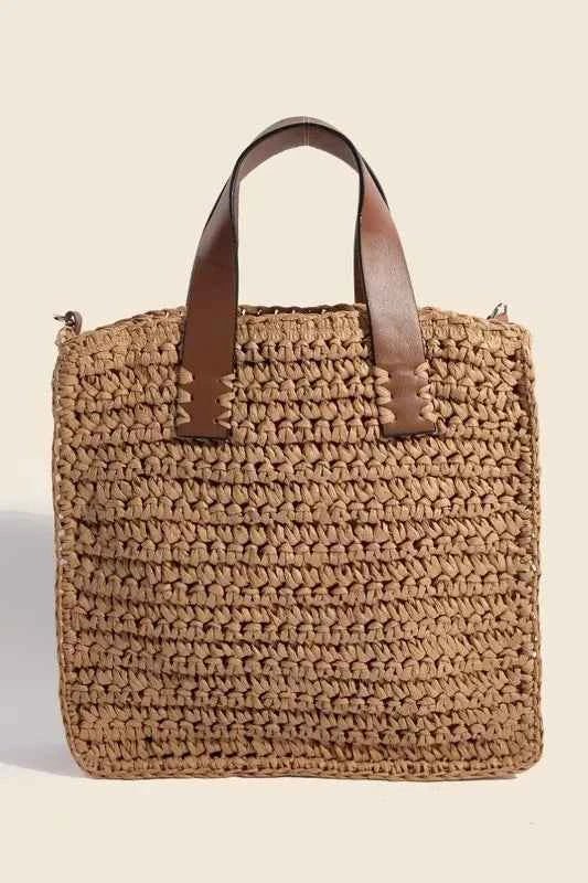 Fame Faux Leather Handle Straw Braided Handbag