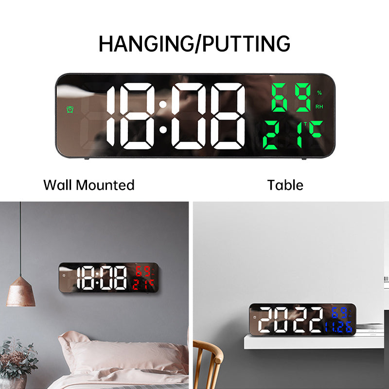 9-Inch Digital Wall Clock: Temp/Humid, Night Mode, Snooze, 12/24H, USB Plug-in LED Alarm Clock