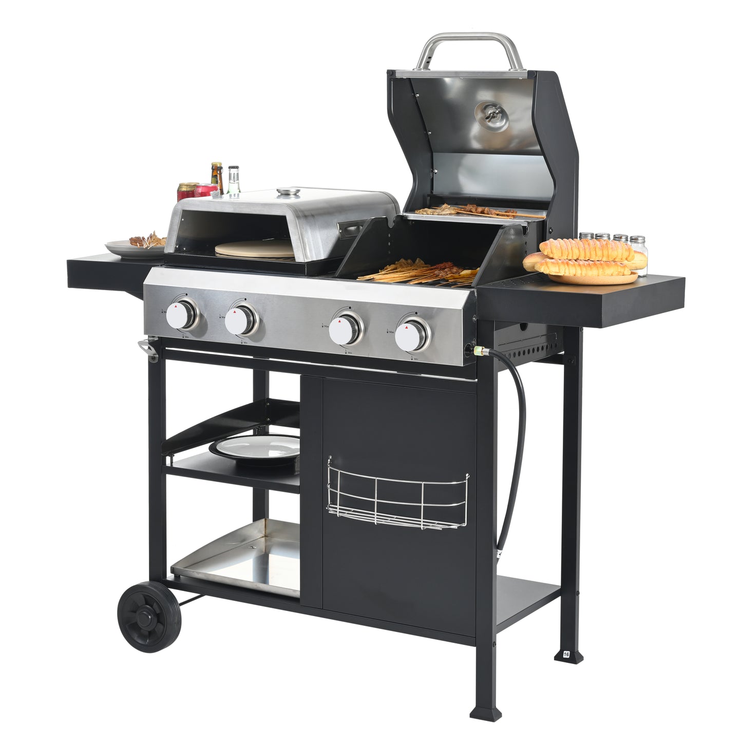 Multi Function Burner Gas Grill Barbecue Frying Pizza Covered Combination