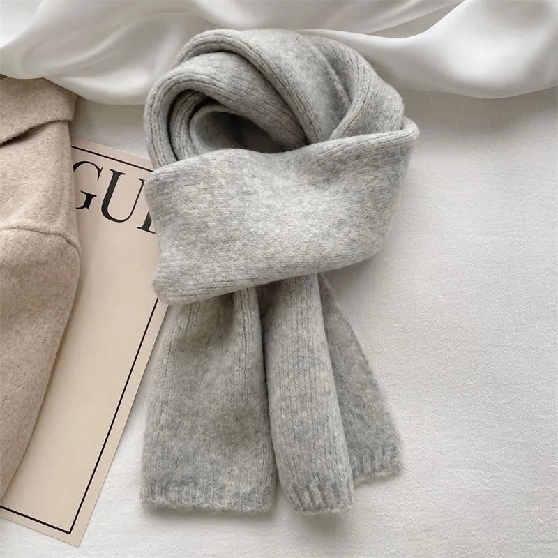 Knitting Scarf Solid Color Thickened Warm Women Scarf Cold Weather Thermal Neck Wrap Casual Outfit Scarf GRAY