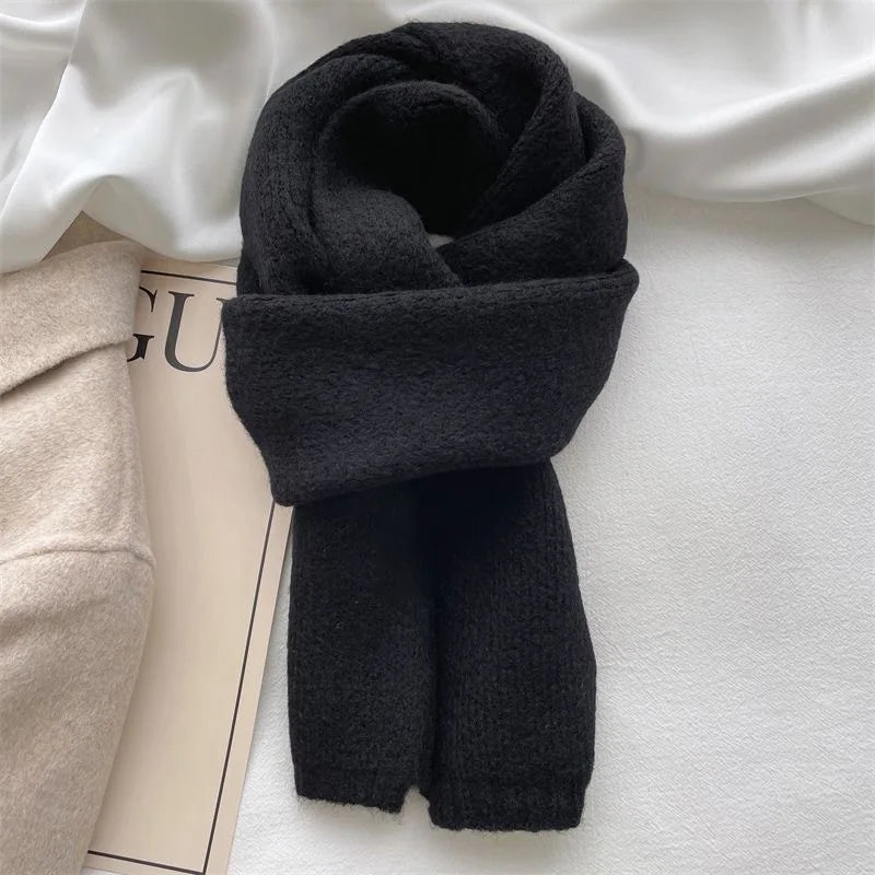 Knitting Scarf Solid Color Thickened Warm Women Scarf Cold Weather Thermal Neck Wrap Casual Outfit Scarf black