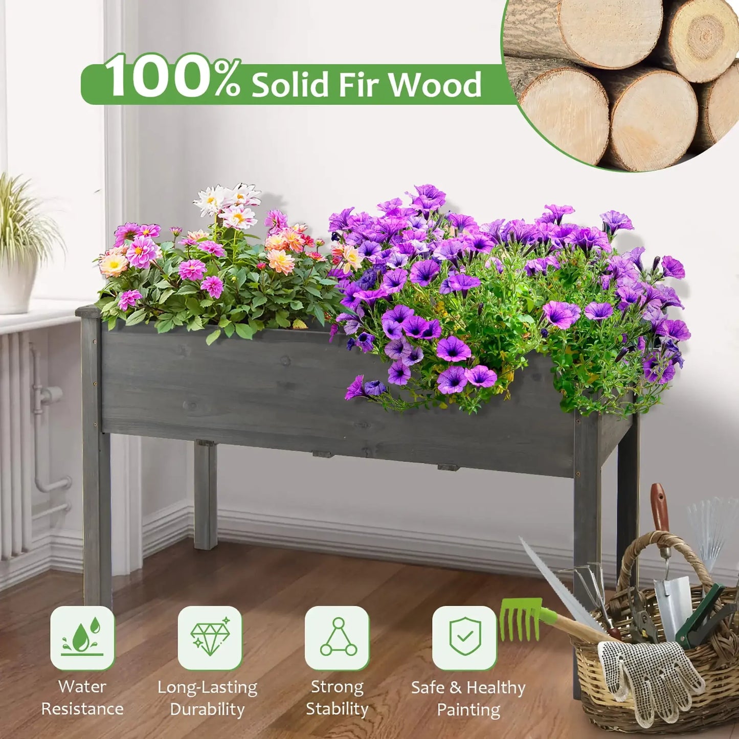 Wooden Raised Vegetable Garden Bed Elevated Grow Vegetable Planter Grey