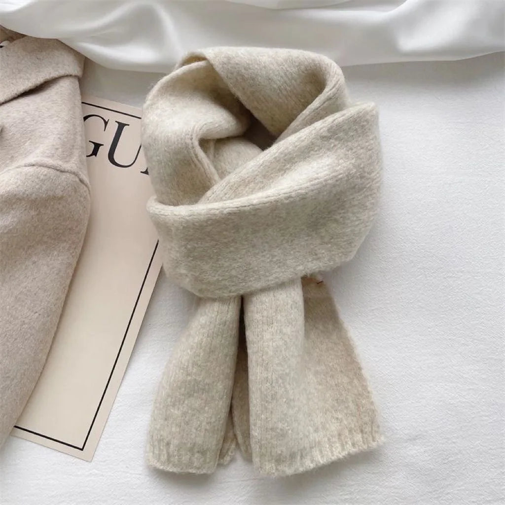 Knitting Scarf Solid Color Thickened Warm Women Scarf Cold Weather Thermal Neck Wrap Casual Outfit Scarf Beige