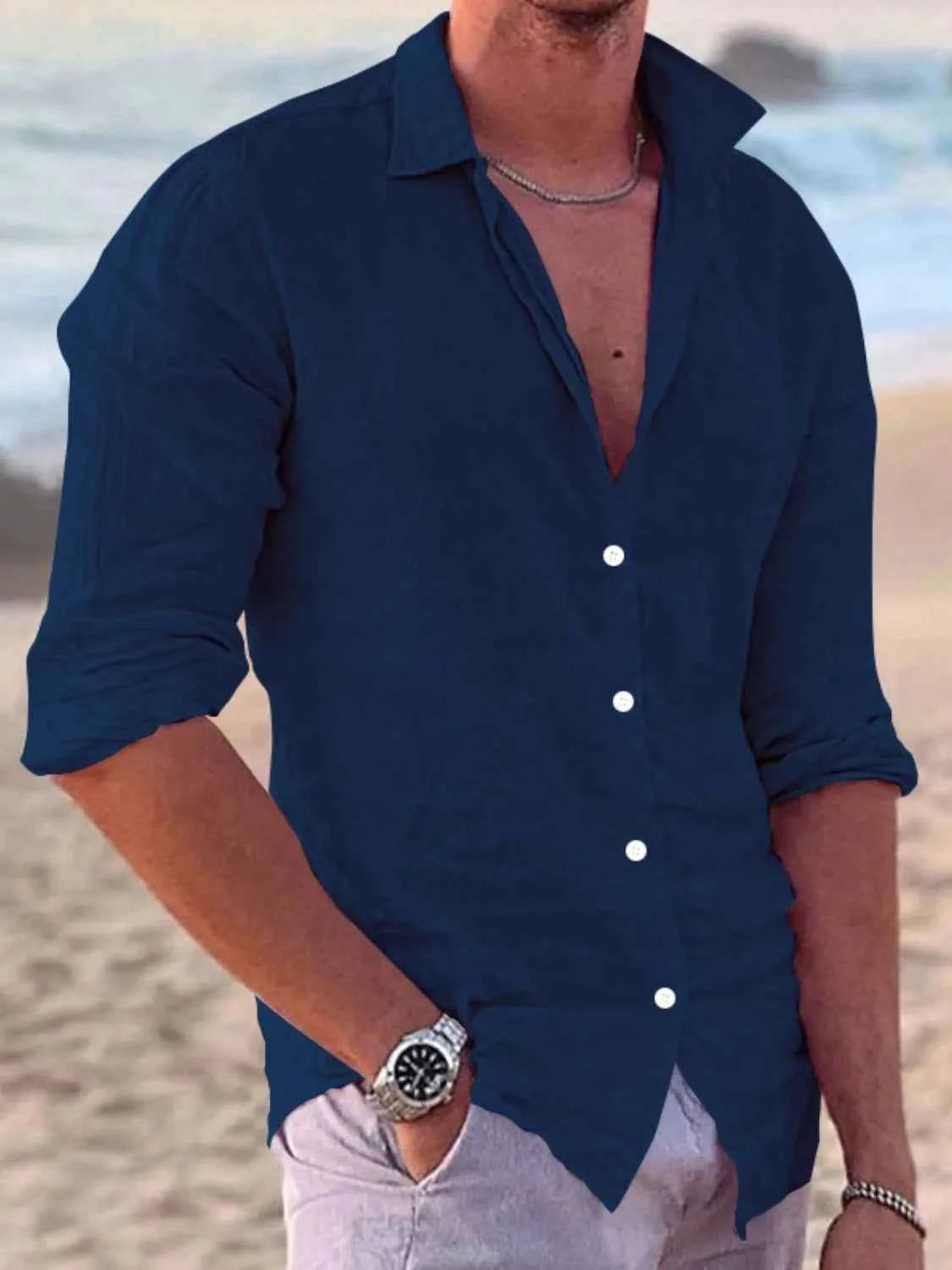Men's Full Size Button Up Long Sleeve Shirt Plus Size Navy