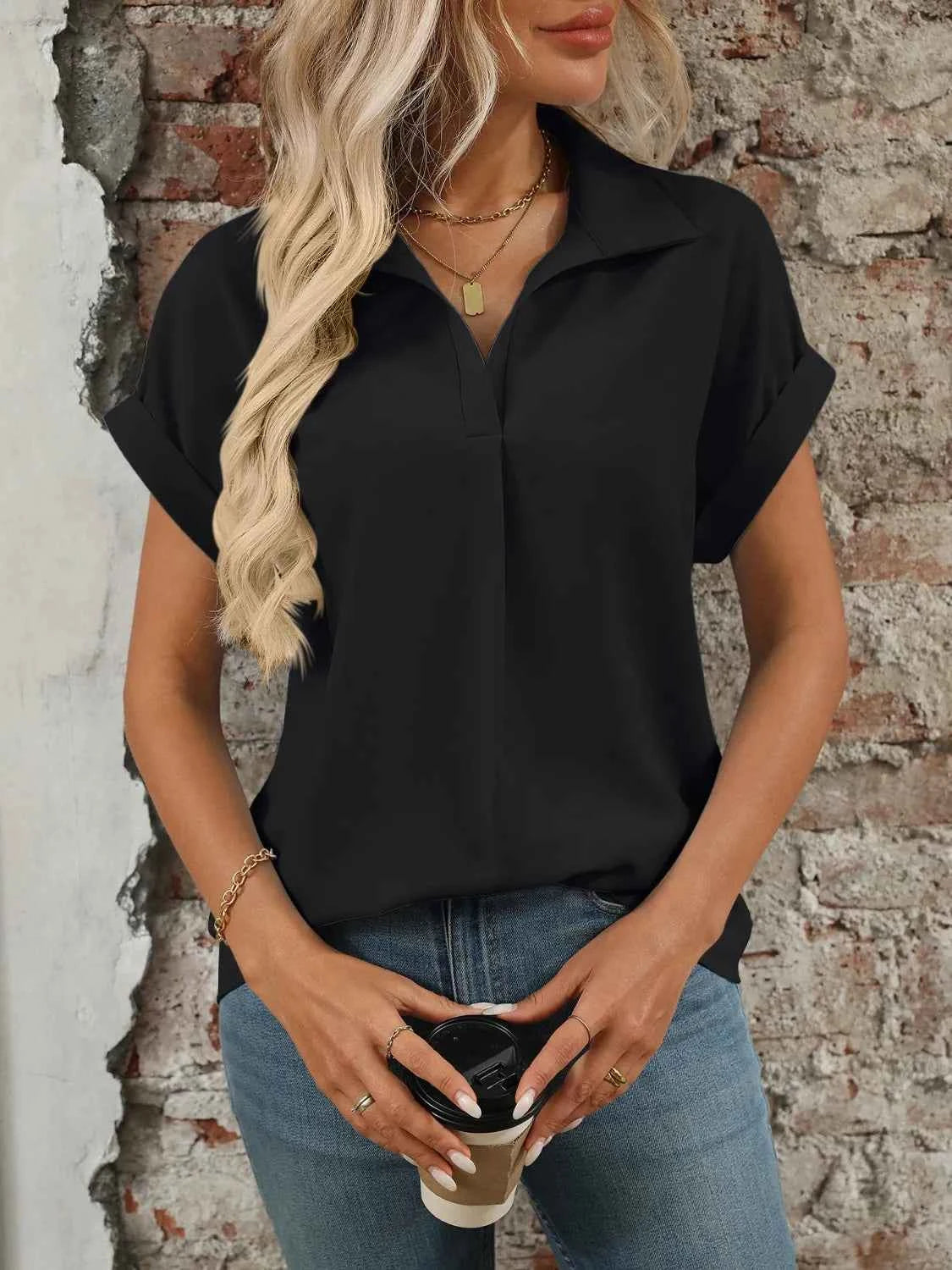 Collared Neck Short Sleeve Blouse