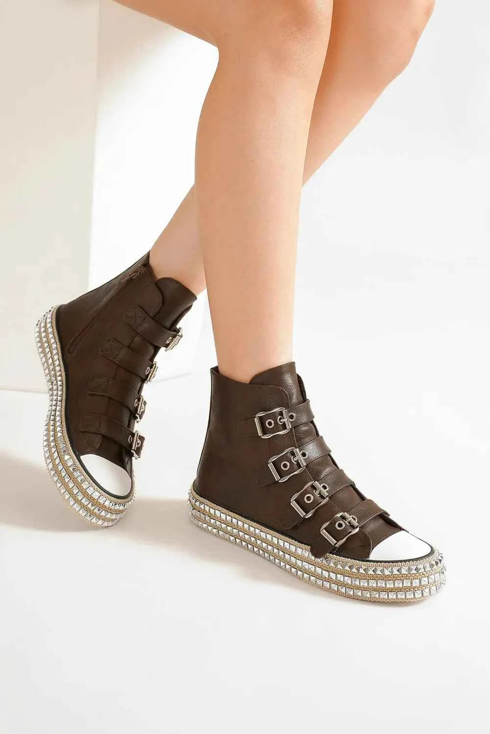 Signature Beast Fashion Multi-Buckle Straps Studded Platform Sneakers Dark Brown 5.5