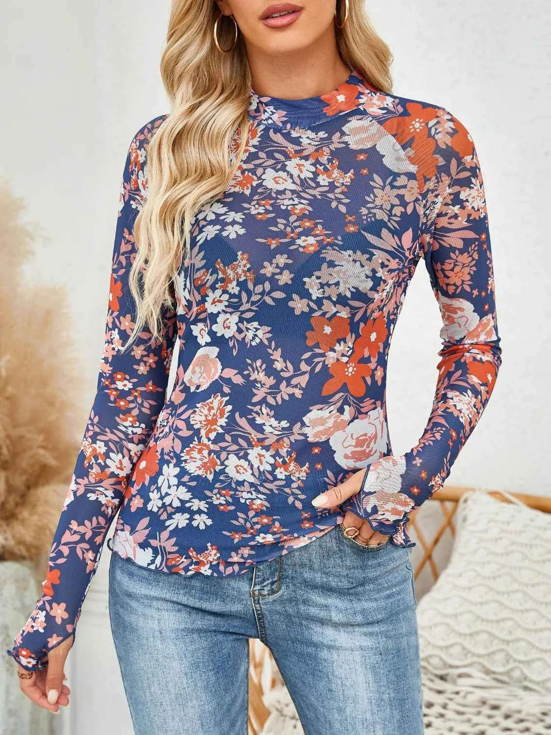Floral Mock Neck Long Sleeve Top