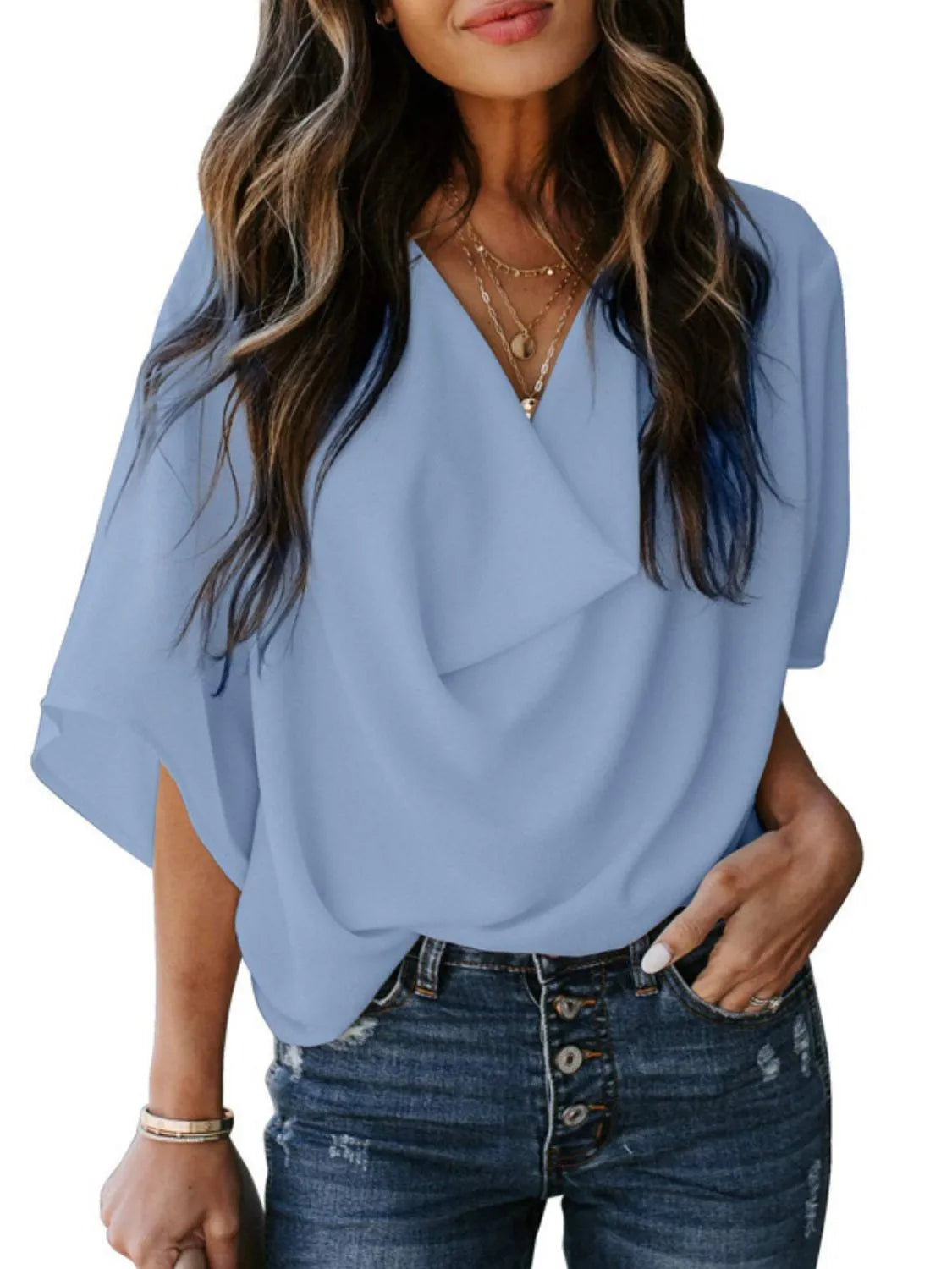 Full Size Ruched Three-Quarter Sleeve Blouse Plus Size Light Blue