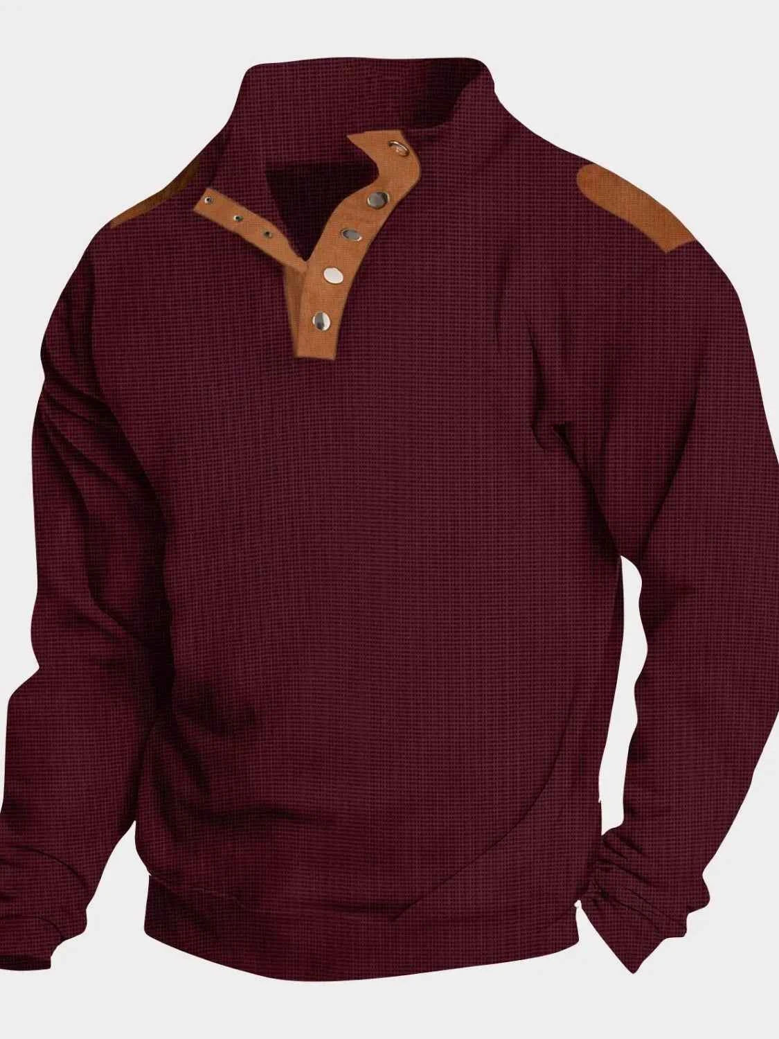 Men's Full Size Quarter Snap Long Sleeve Top Plus Size Burgundy