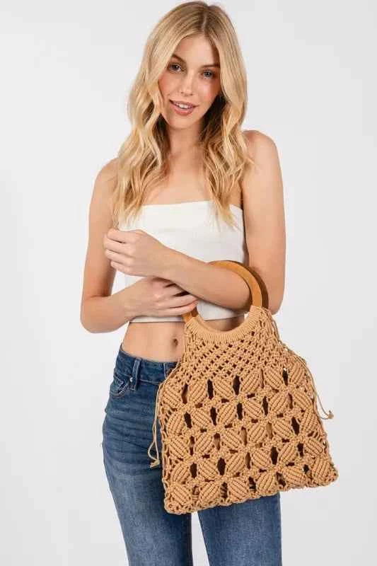 Fame Boho Braided Wooden Top Handle Bag