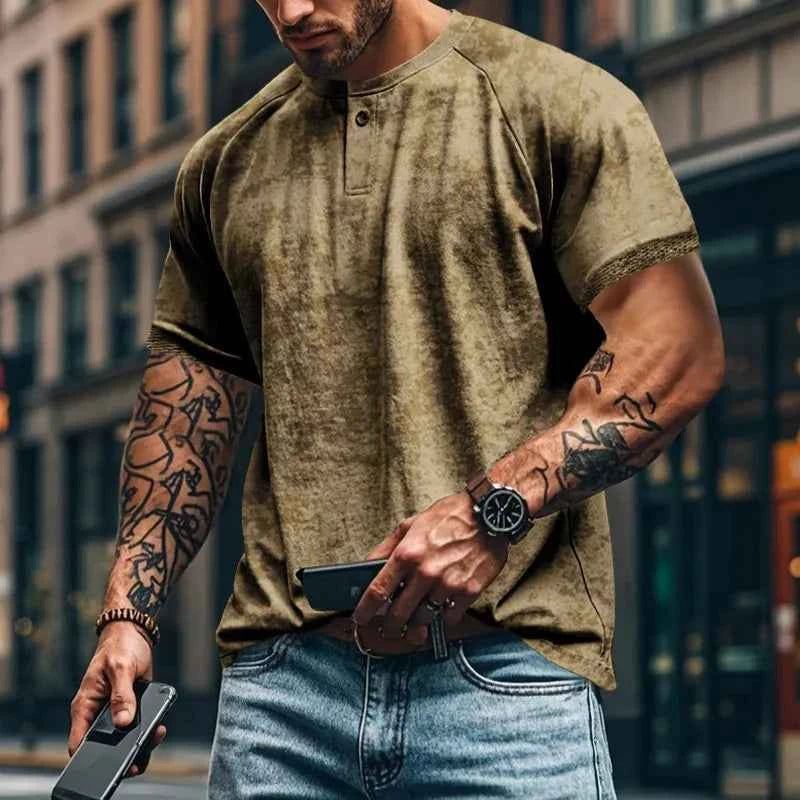 Men's Full Size Round Neck Short Sleeve T-Shirt Plus Size Khaki XL