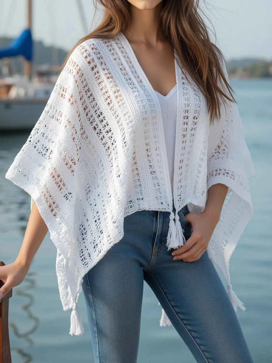 Openwork Tassel Open Front Knit Cover Up