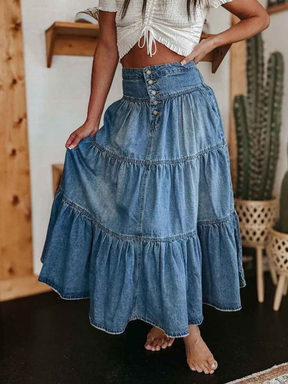 Ruched Button Fly Denim Skirt