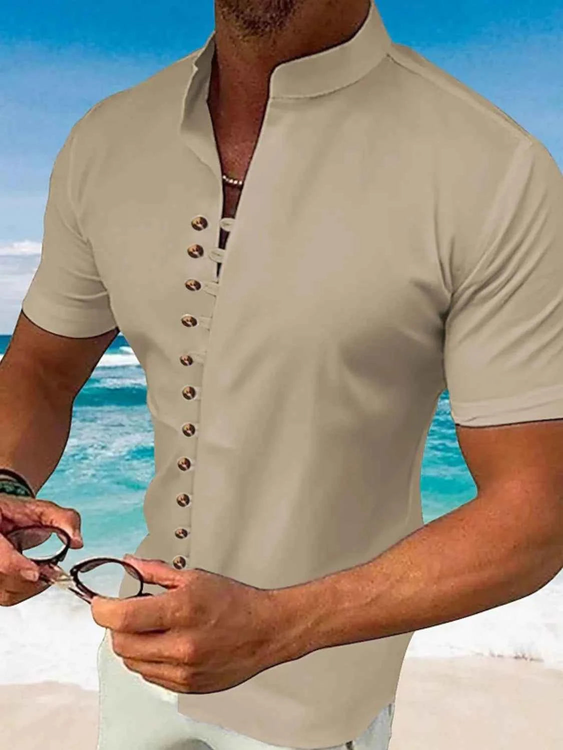 Men's Full Size Button Up Short Sleeve Shirt Plus Size Khaki