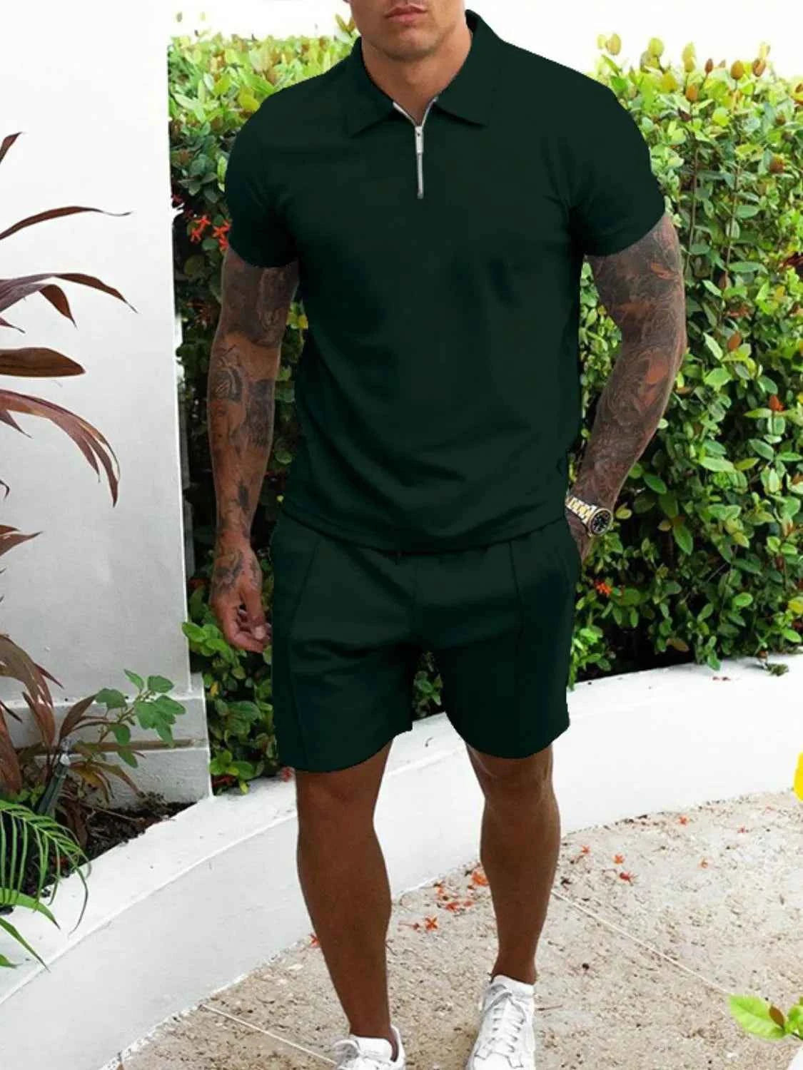 Men's Full Size Collared Neck Short Sleeve Top and Shorts Set Plus Size Black Forest