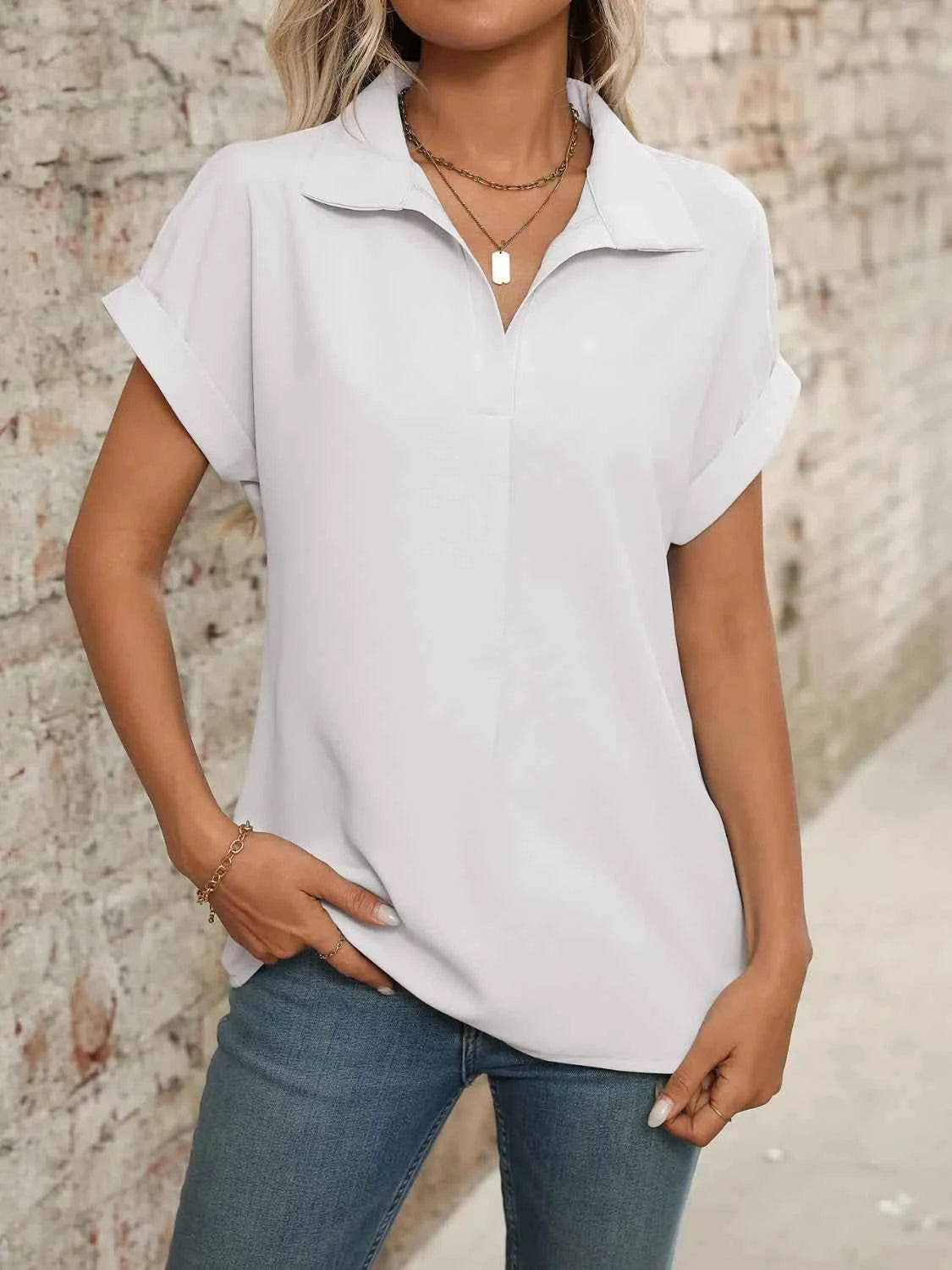 Collared Neck Short Sleeve Blouse
