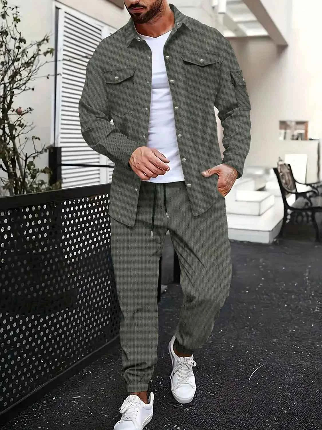 Men's Full Size Snap Down Long Sleeve Top and Pants Plus Size