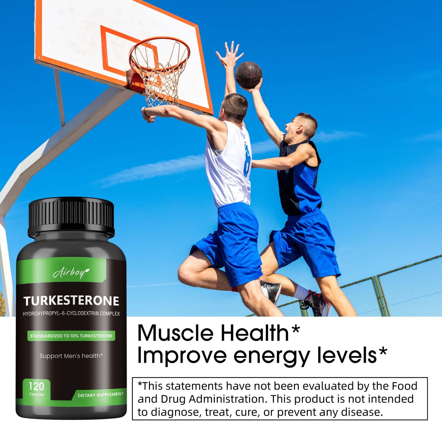 My Store Turkesterone muscle booster supplement bottle with basketball players boosting energy during practice