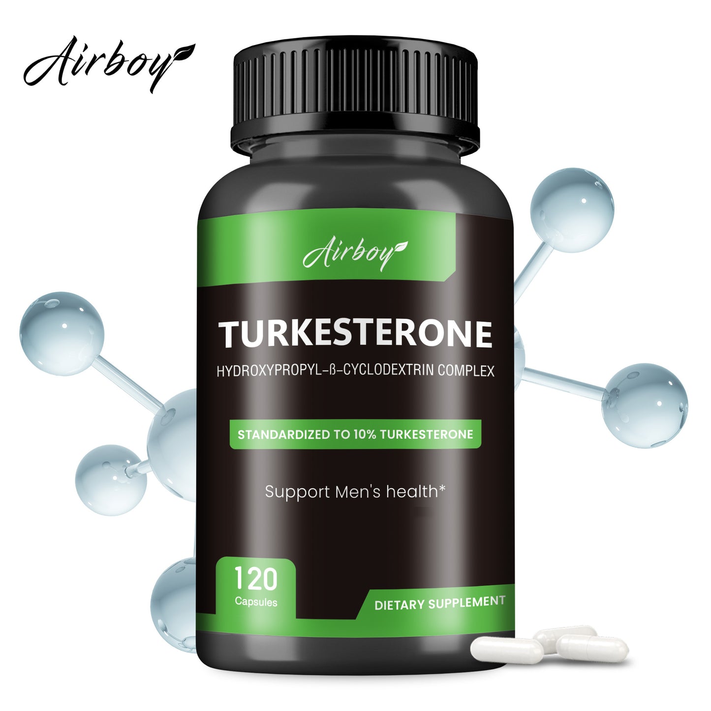 Airboy Turkesterone muscle booster supplement bottle with 120 capsules for men's health support