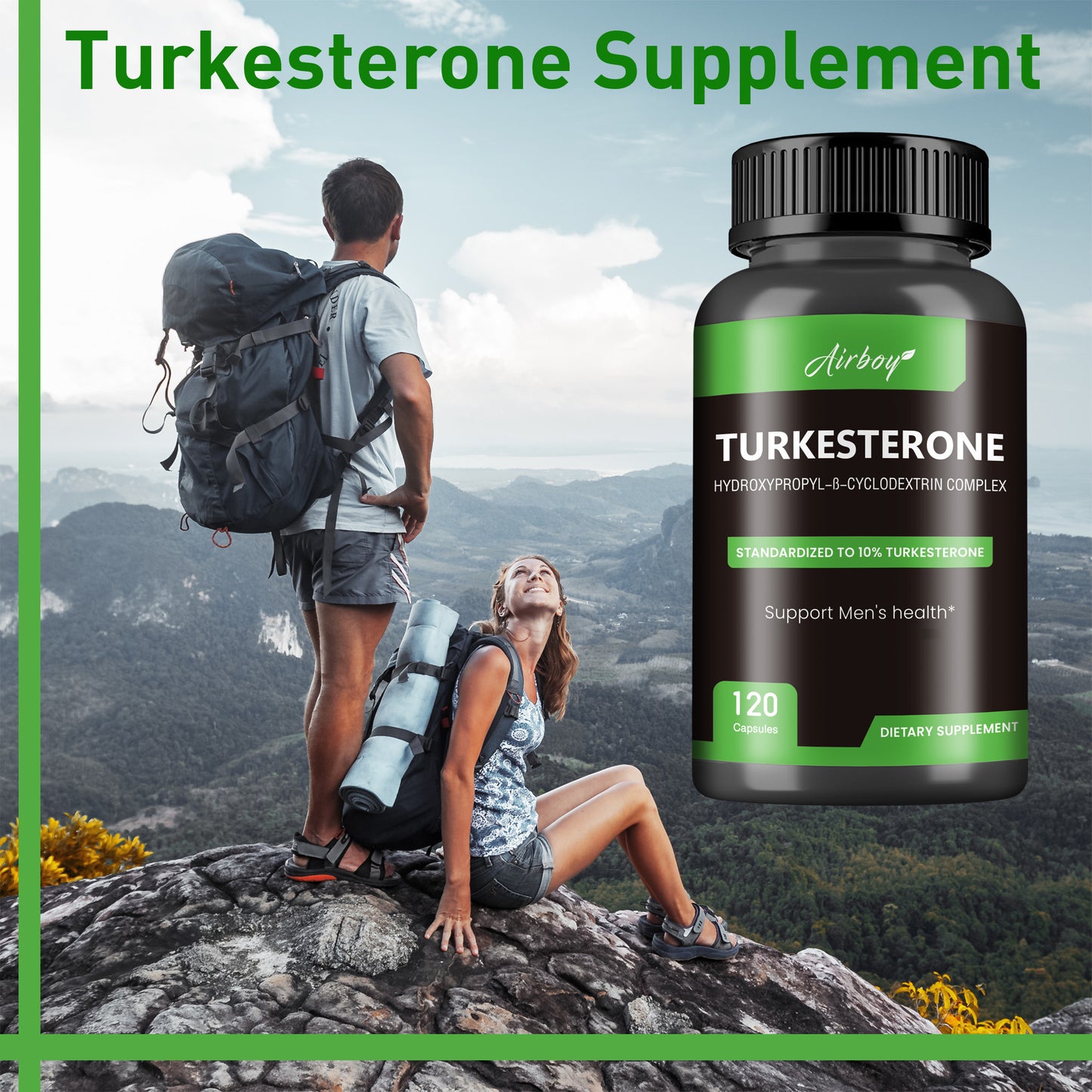 Turkesterone muscle booster supplement bottle with scenic outdoor background for fitness enthusiasts