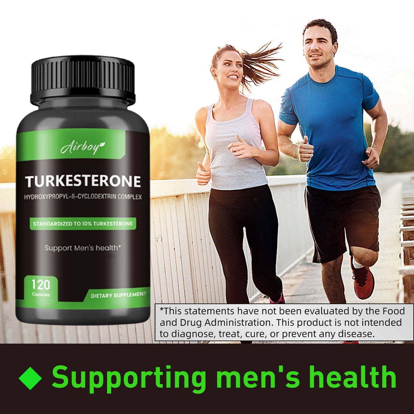 Turkesterone muscle booster dietary supplement by My Store in a black bottle with a couple jogging outdoors