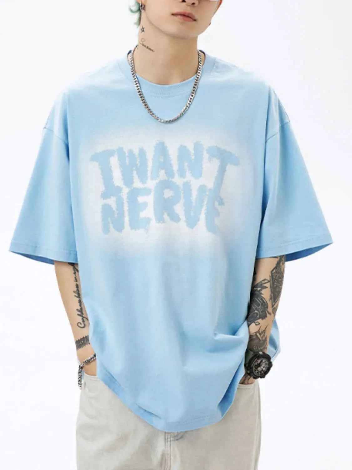 Men's Letter Round Neck Half Sleeve T-Shirt Light Blue