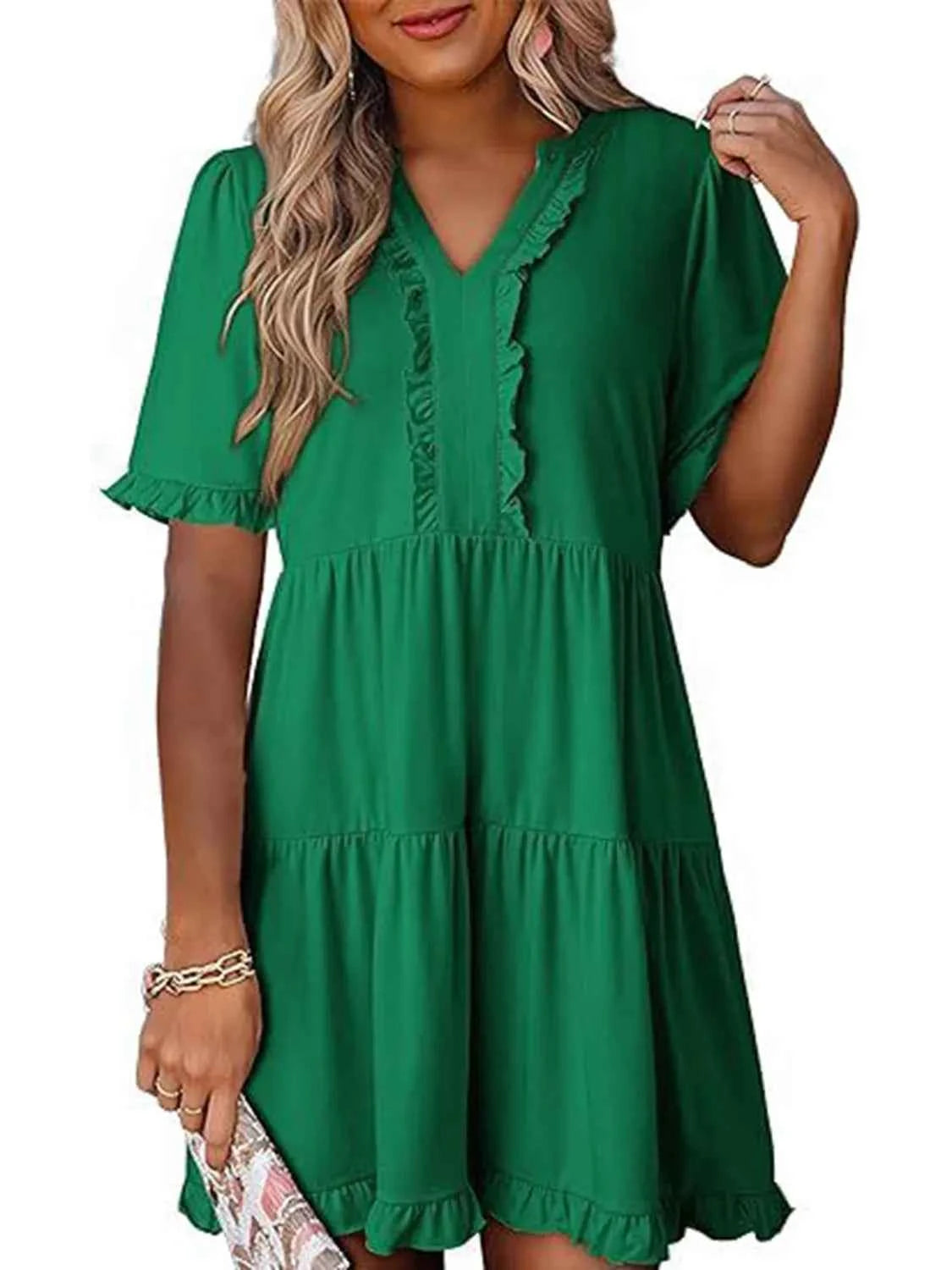 Signature Tiered Notched Short Sleeve Mini Dress Dark Green S