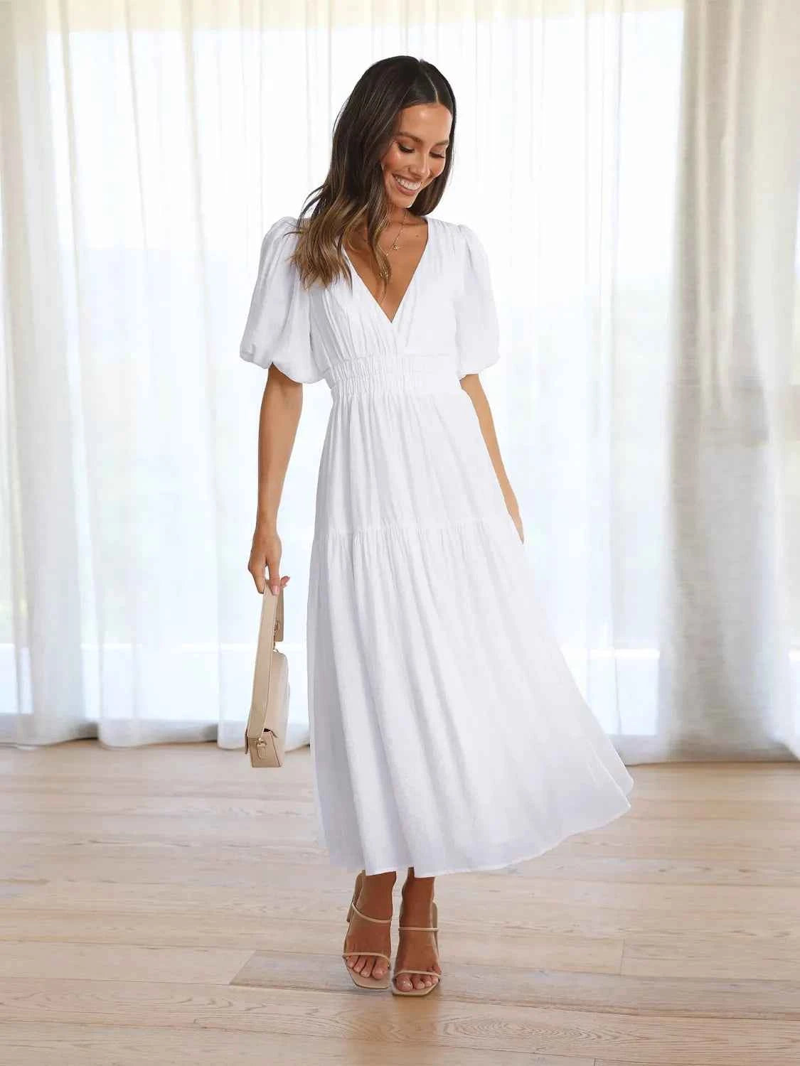 Surplice Half Puff Sleeve Midi Dress