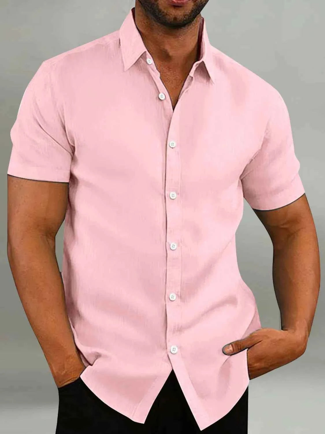 Men's Full Size Button Up Short Sleeve Shirt Plus Size Dusty Pink