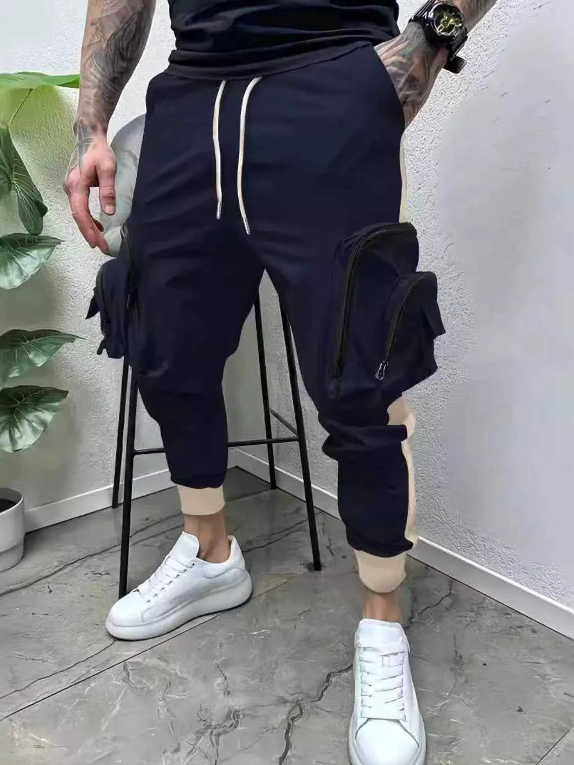 Men's Full Size Drawstring Joggers with Pockets Plus Size Navy