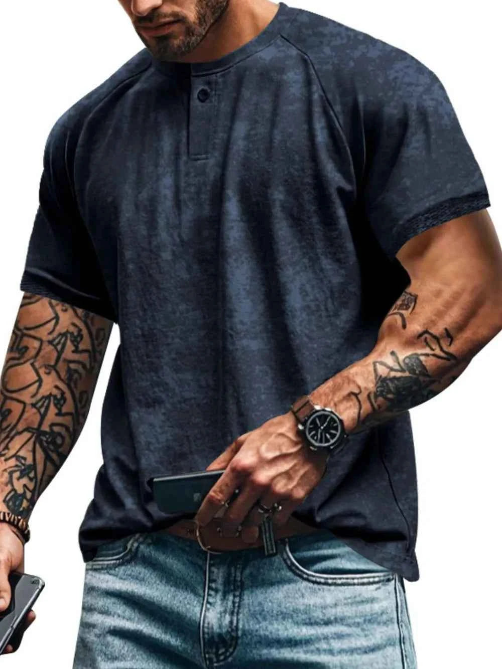 Men's Full Size Round Neck Short Sleeve T-Shirt Plus Size Navy