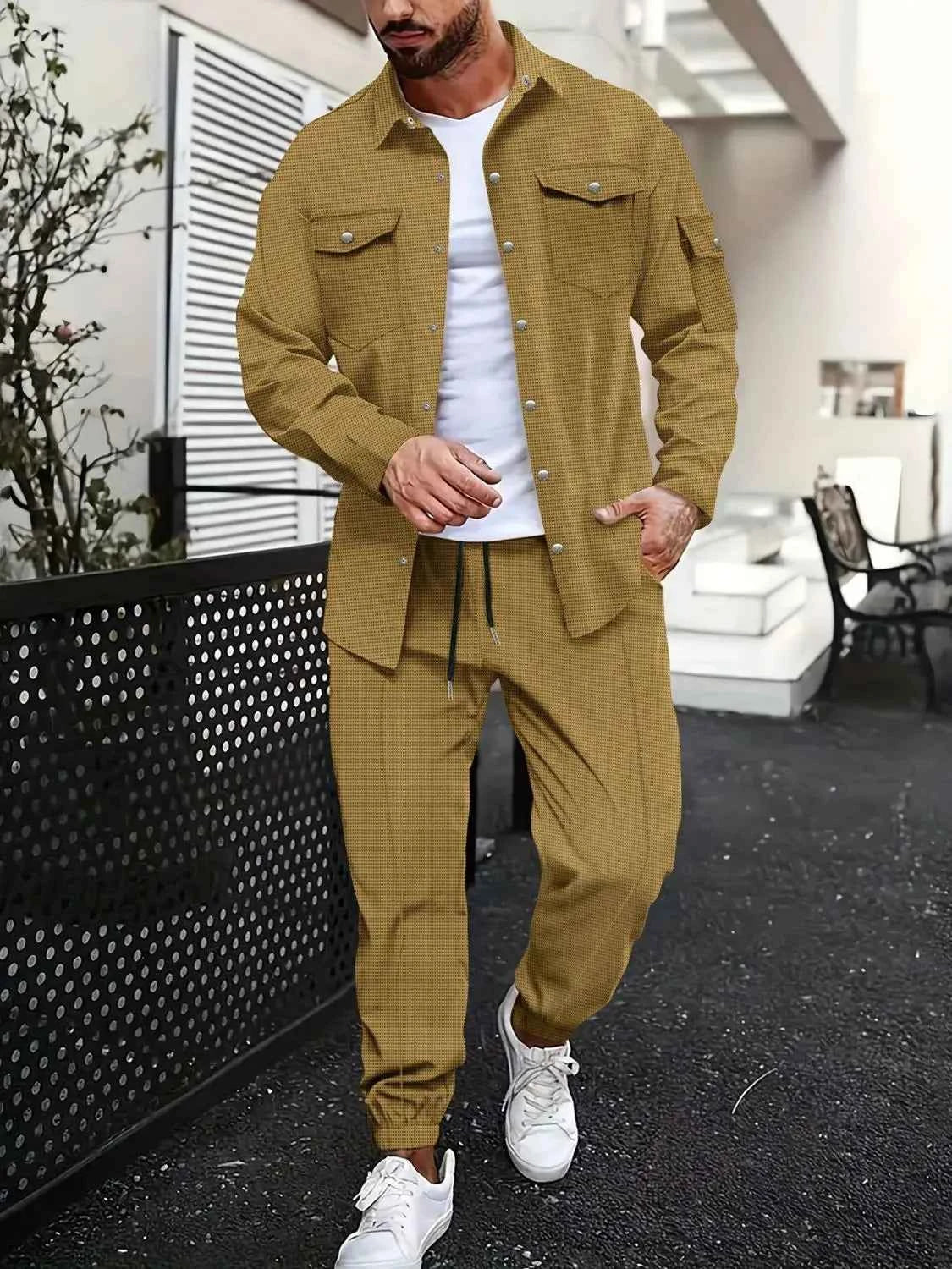 Men's Full Size Snap Down Long Sleeve Top and Pants Plus Size