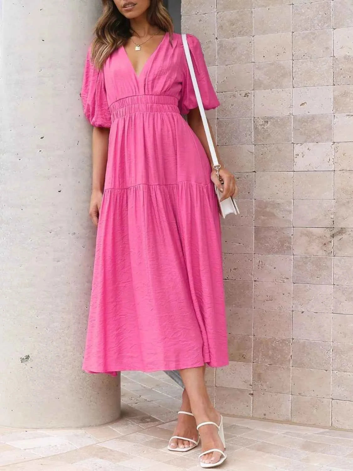 Surplice Half Puff Sleeve Midi Dress