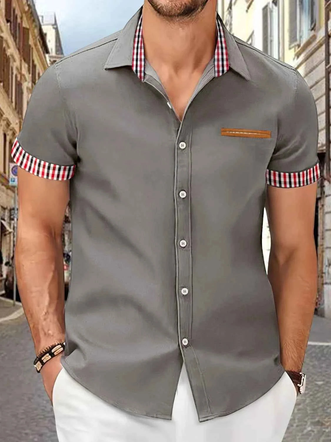 Men's Full Size Button Up Short Sleeve Shirt Plus Size Gray