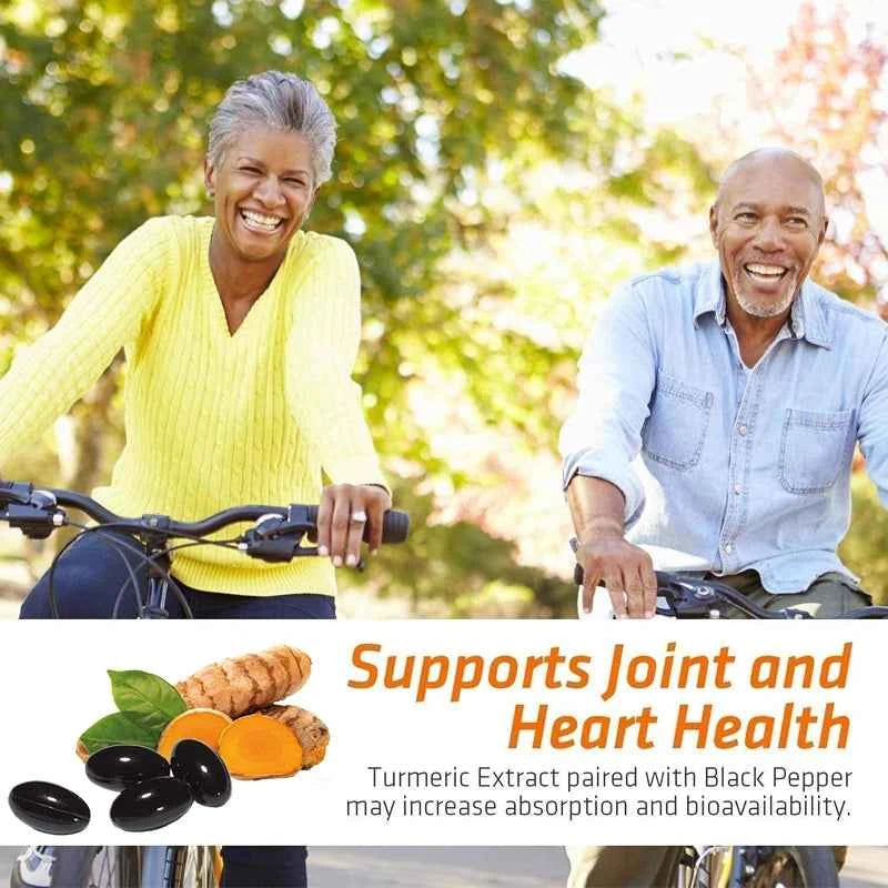Happy couple cycling outdoors with turmeric curcumin capsules displayed, promoting joint and heart health